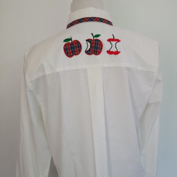 Karen Scott Teacher Button Front Shirt Apple Embroidery Plaid Trim Women Small - Picture 9 of 13